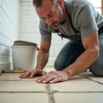 Artisan carreleur inspectant les joints existants avant la pose de joint époxy dans une salle de bain en rénovation