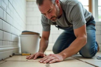 Artisan carreleur inspectant les joints existants avant la pose de joint époxy dans une salle de bain en rénovation