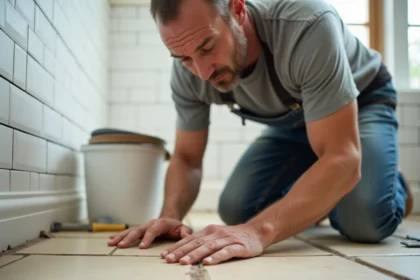 Artisan carreleur inspectant les joints existants avant la pose de joint époxy dans une salle de bain en rénovation