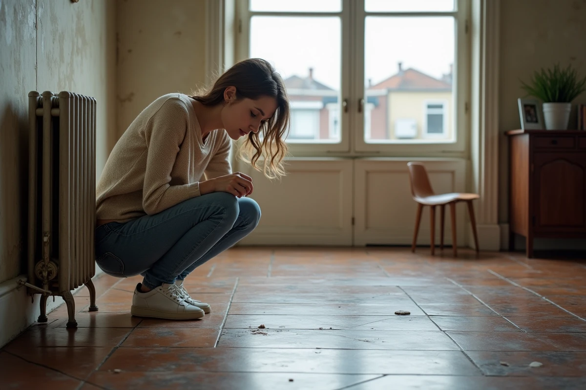 Jeune femme examine marques radiateur en carrelage