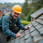 Homme inspectant un vieux toit en fibrociment en extérieur