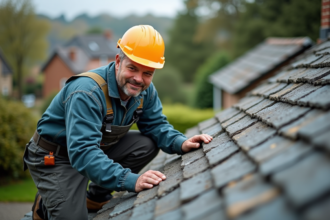 Homme inspectant un vieux toit en fibrociment en extérieur