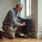 Installateur pose un radiateur en appartement renové