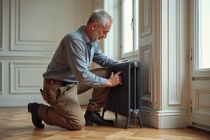 Installateur pose un radiateur en appartement renové