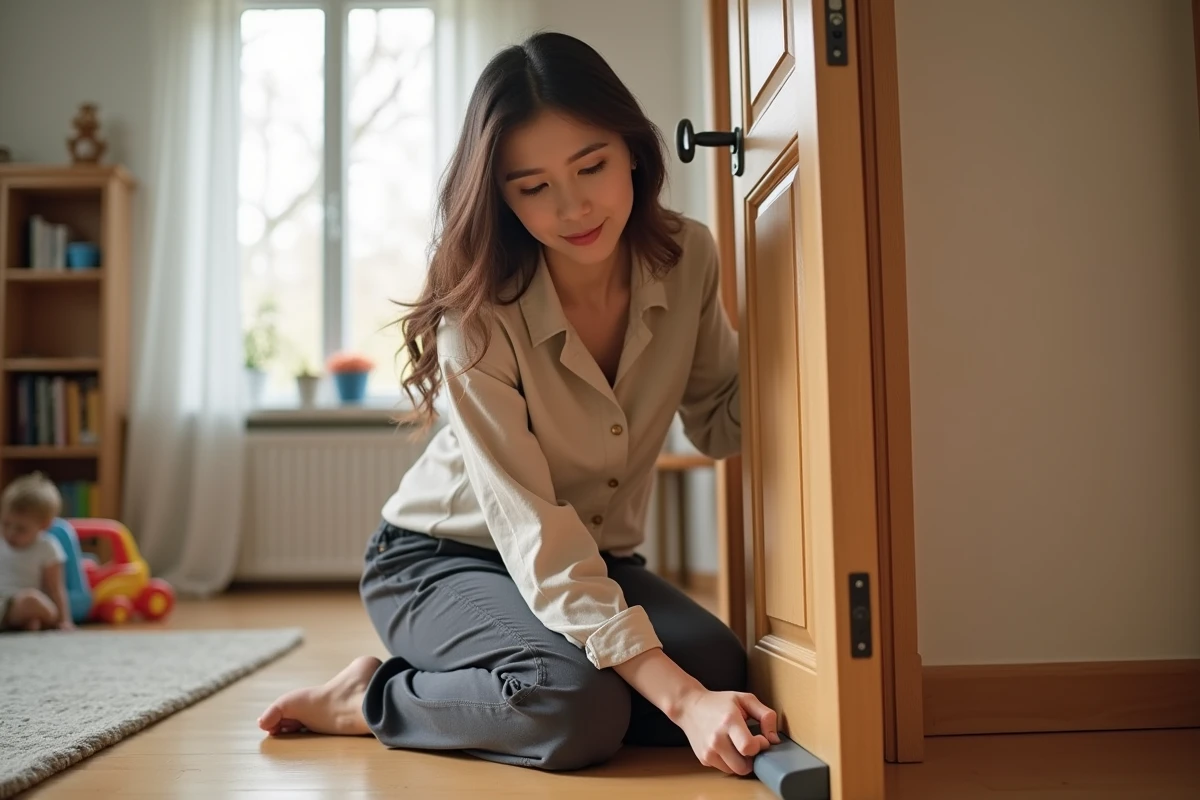 Femme installant un anti-pince doigt en mousse sur une porte en bois dans un salon familial