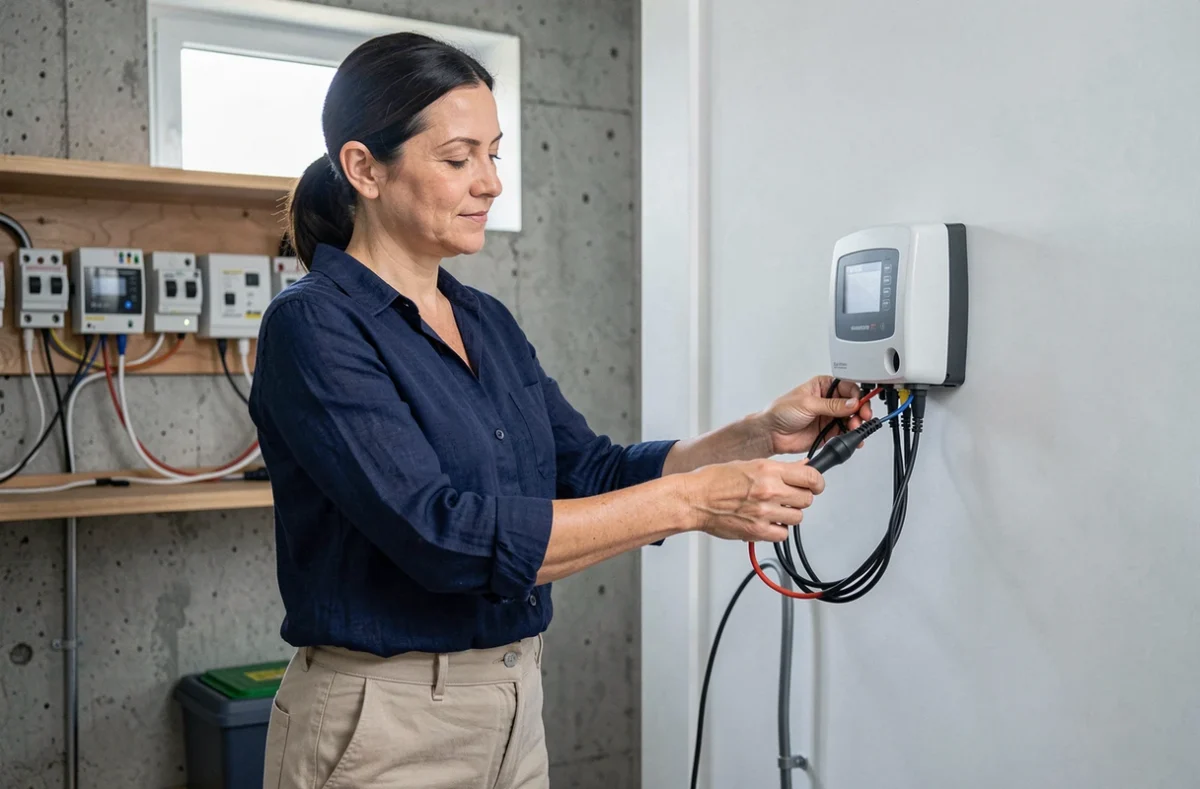 Femme branchant un système de stockage batterie pour kit solaire autonome dans une buanderie moderne