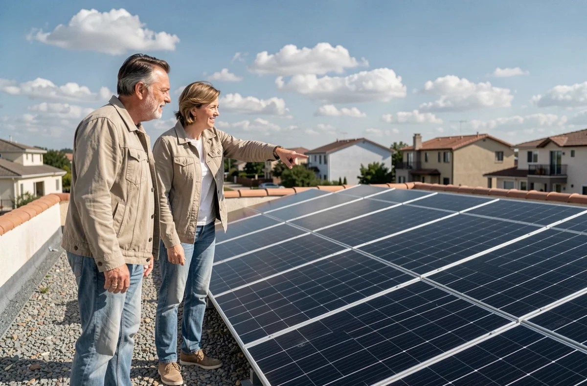 Couple sur le toit de leur maison avec des panneaux solaires monocristallins installés