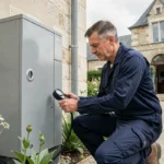 Technicien professionnel installant une pompe à chaleur moderne sur une maison en Pays de la Loire