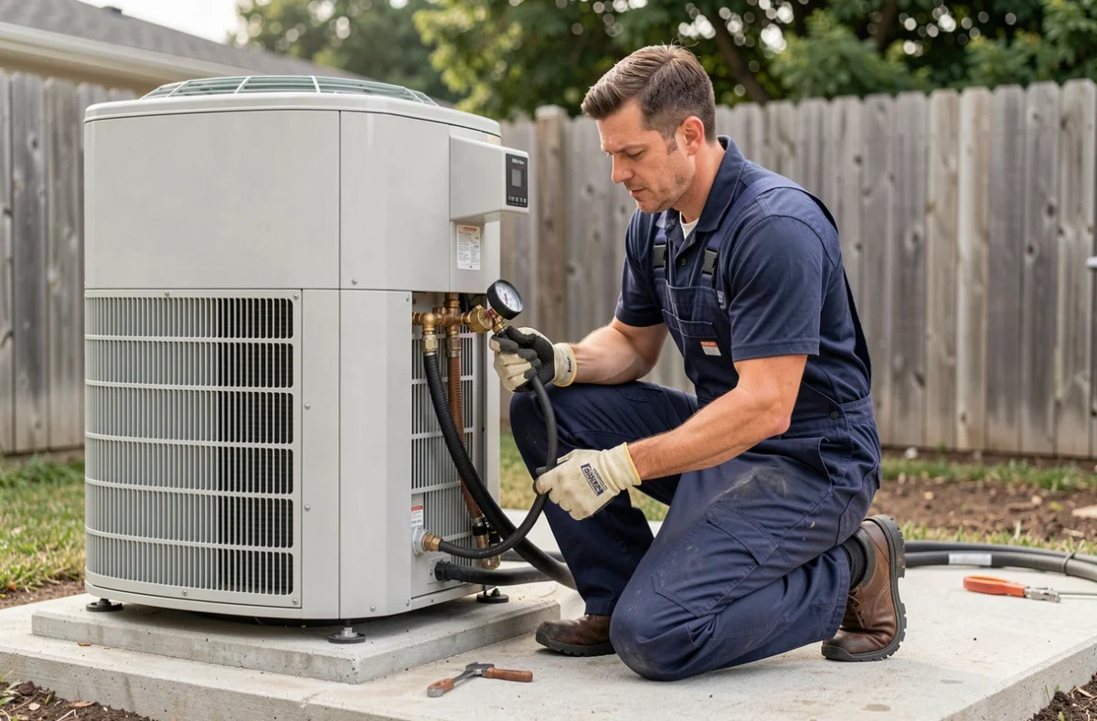Technicien installant une pompe à chaleur Daikin 16 kW dans un jardin résidentiel