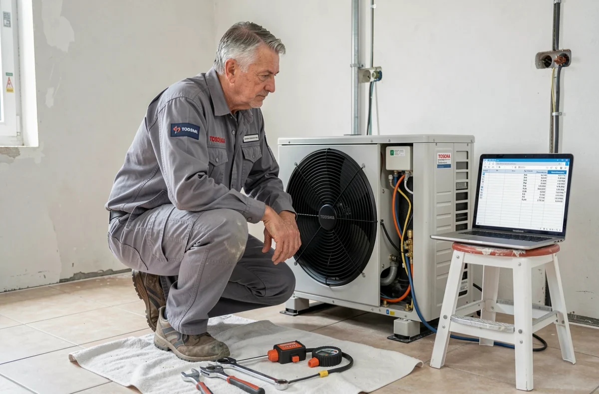 Technicien HVAC installant une pompe à chaleur Toshiba avec devis affiché sur ordinateur portable dans un appartement en rénovation