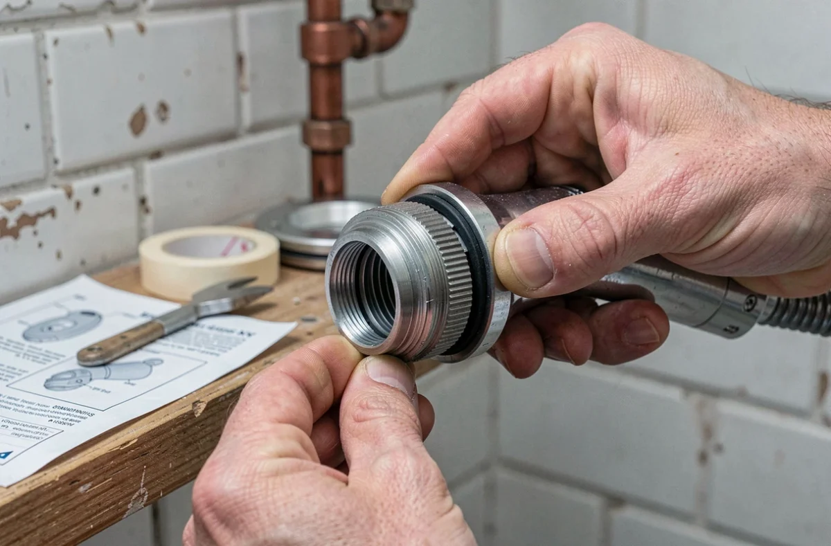 Mains masculines installant un réducteur de débit sur un pommeau de douche à main dans une salle de bain carrelée