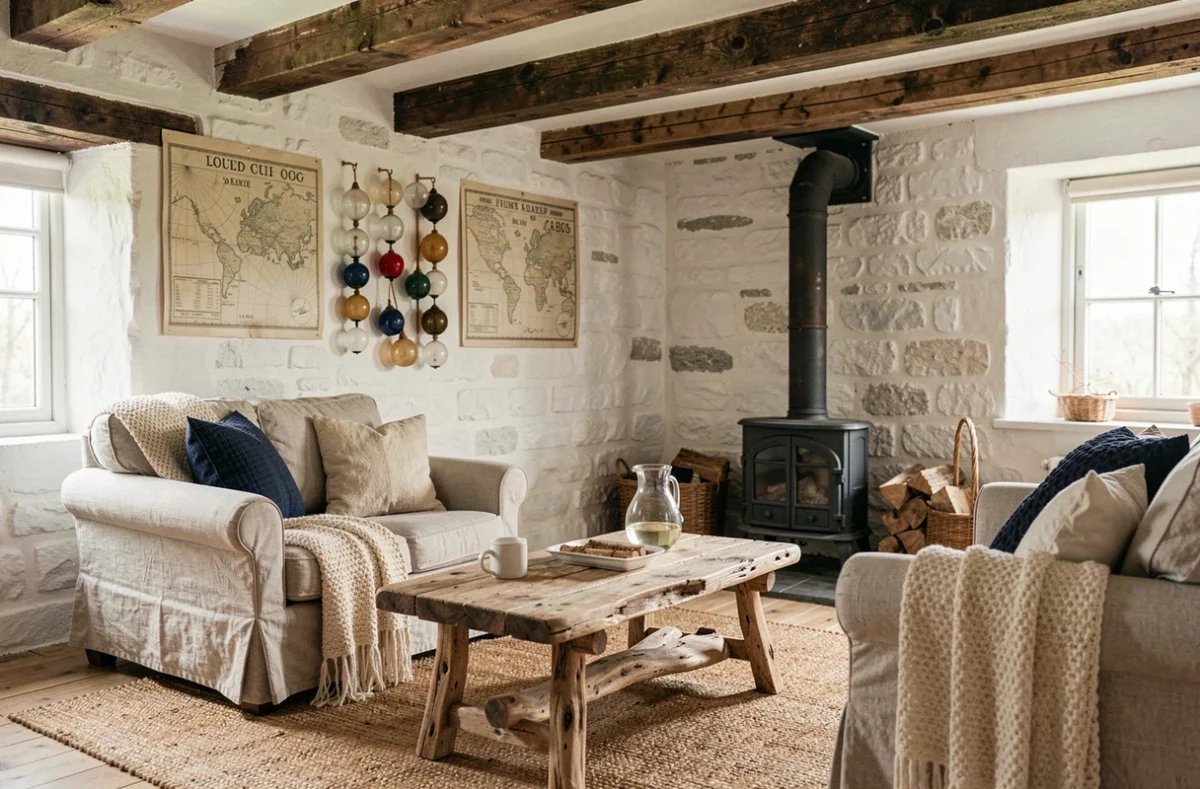 Intérieur authentique d'une maison de pêcheur rénovée avec poutres apparentes, murs en pierre blanchis et décoration maritime vintage