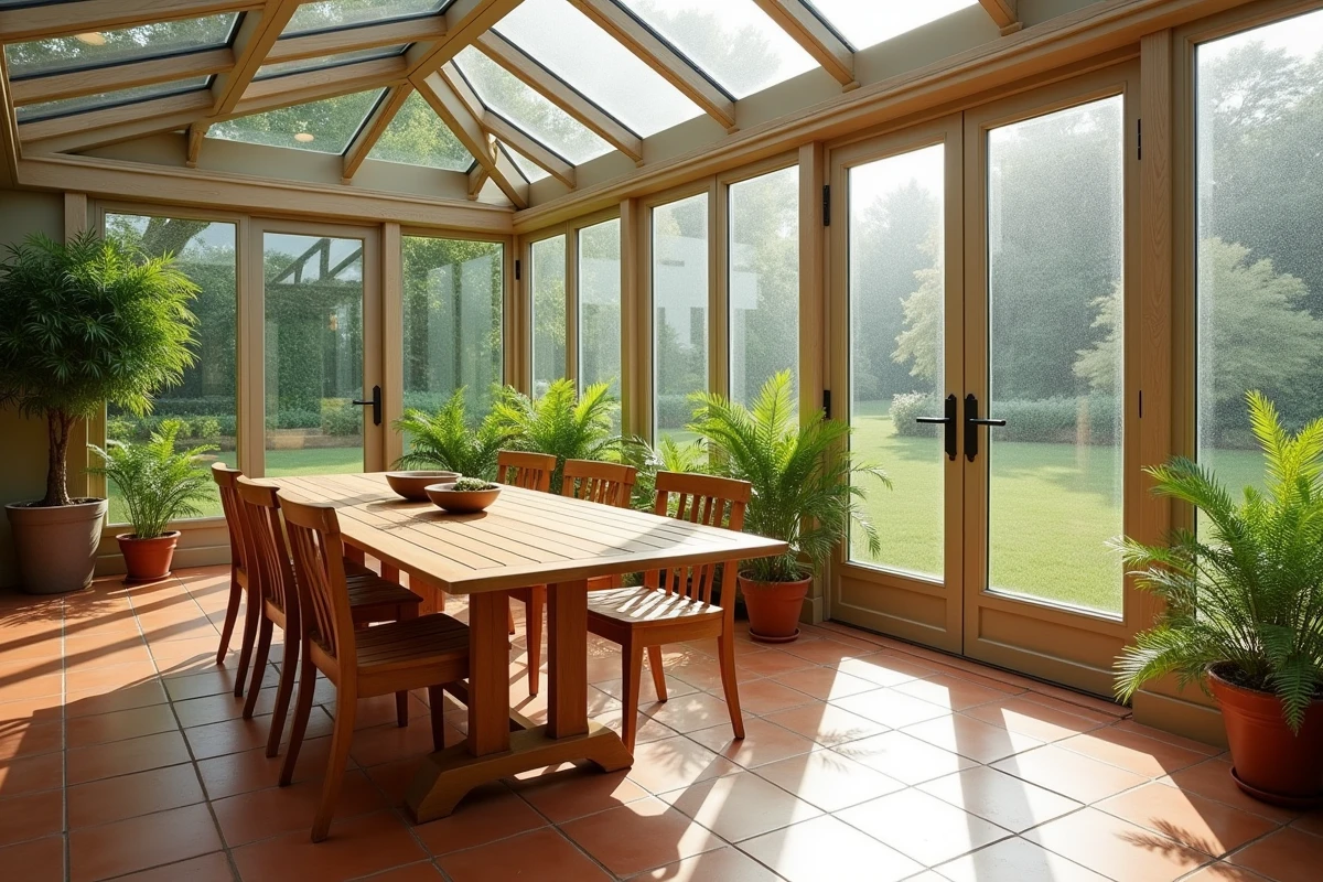 Intérieur d'une véranda aménagée avec table en bois et plantes vertes, révélant les détails de finition et de structure aluminium