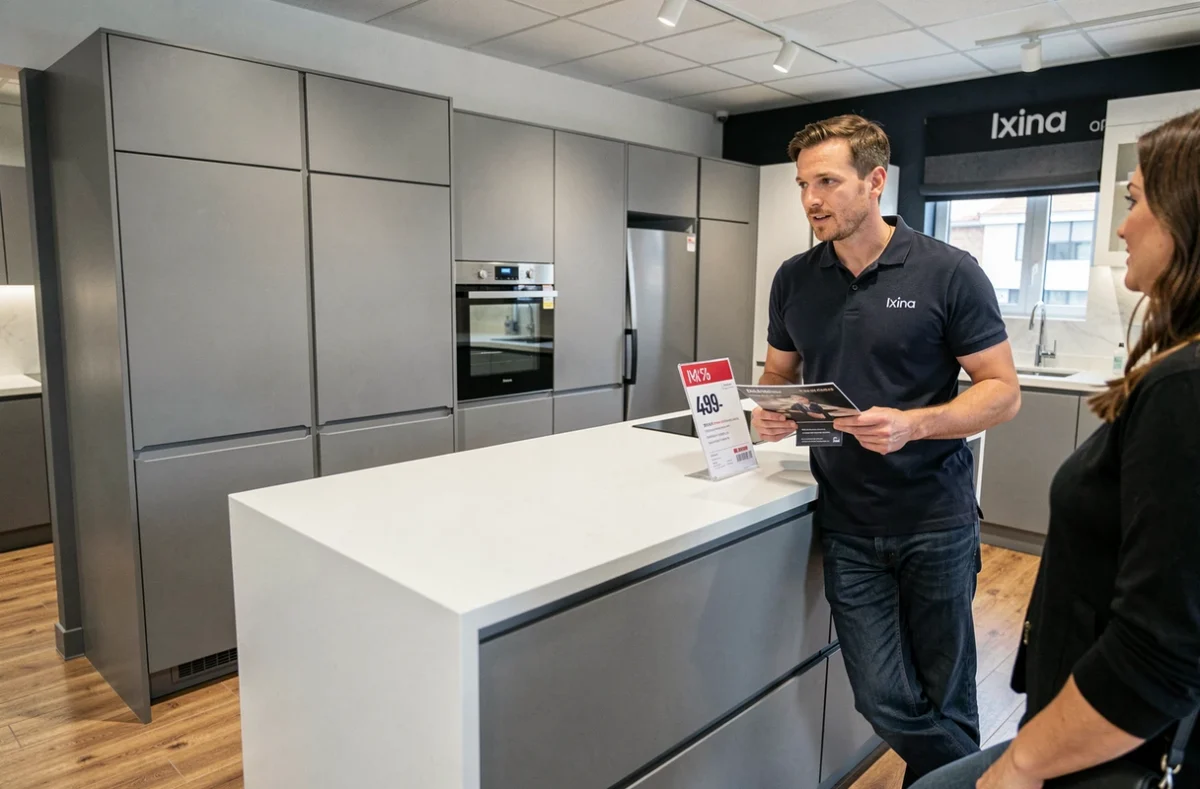 Conseiller Ixina Montbéliard présentant une cuisine grise mate avec îlot en Dekton à un client dans le showroom