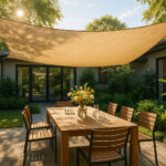 Photo hyperréaliste d'un jardin moderne avec voile d'ombrage beige et espace repas
