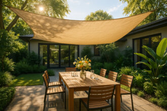 Photo hyperréaliste d'un jardin moderne avec voile d'ombrage beige et espace repas