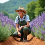 Jardinière en workwear inspectant la lavande en Provence