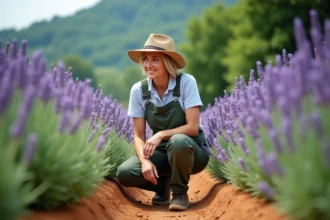 Jardinière en workwear inspectant la lavande en Provence