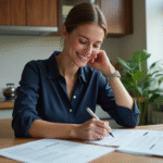 Jeune femme remplissant des documents de logement dans une cuisine moderne
