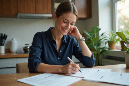 Jeune femme remplissant des documents de logement dans une cuisine moderne
