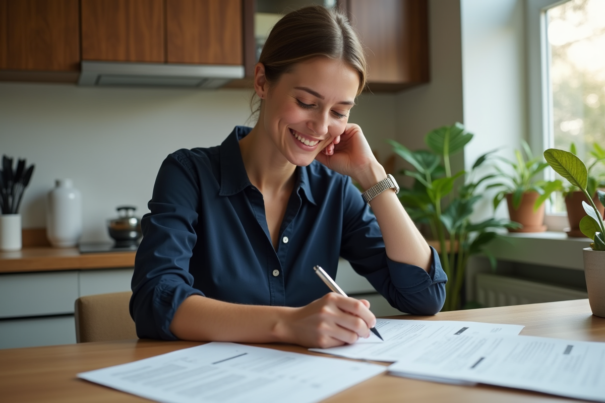 Jeune femme remplissant des documents de logement dans une cuisine moderne
