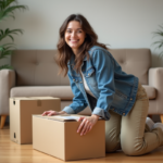 Jeune femme souriante en train d'emballer des cartons dans un appartement