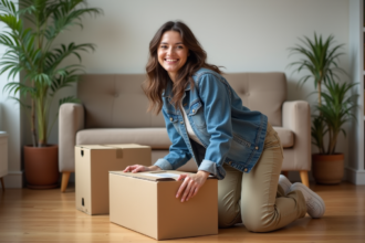 Jeune femme souriante en train d'emballer des cartons dans un appartement