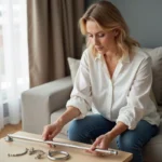 Femme moyenne âge examine un kit de tringle à rideau moderne