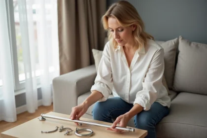 Femme moyenne âge examine un kit de tringle à rideau moderne
