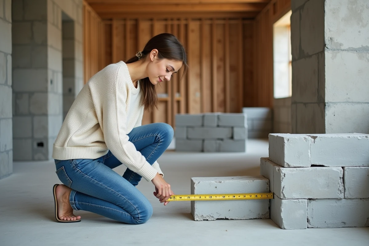 Jeune femme mesure parpaings sur chantier en extérieur