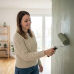Jeune femme appliquant de la peinture vert sauge sur un mur