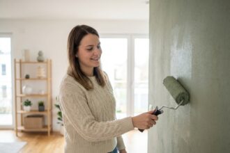Jeune femme appliquant de la peinture vert sauge sur un mur
