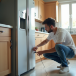 Jeune homme débranchant un réfrigérateur dans la cuisine