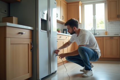 Jeune homme débranchant un réfrigérateur dans la cuisine