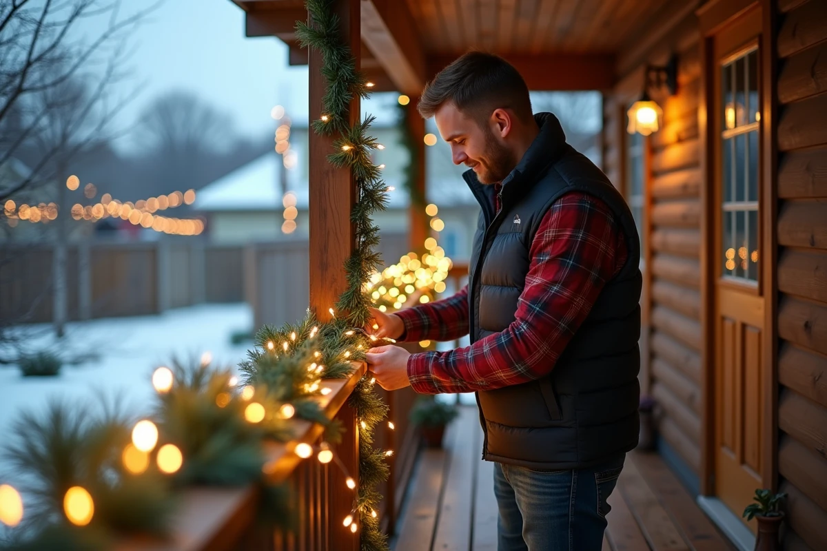 Jeune homme installant une guirlande lumineuse sur un porche