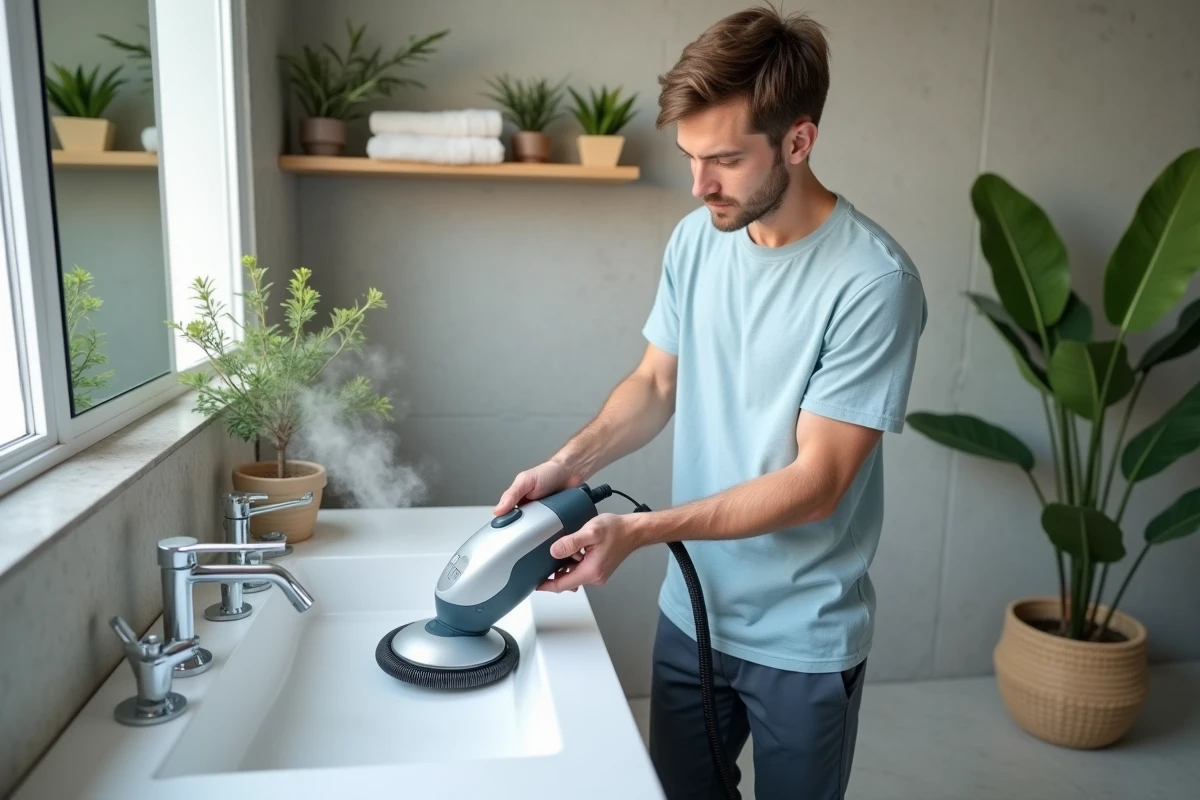 Jeune homme nettoyant un lavabo de salle de bain avec un nettoyeur vapeur