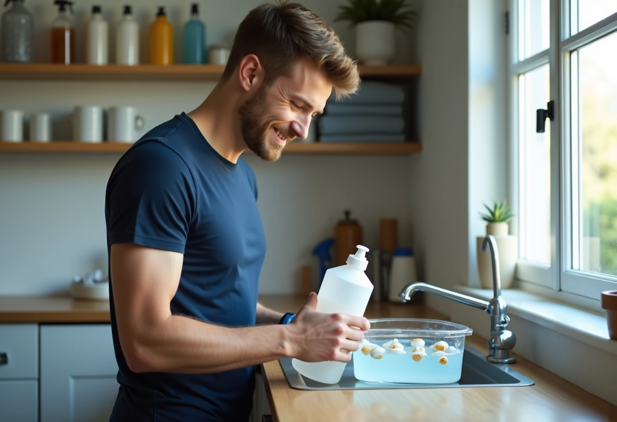 Jeune homme observant des caches prises en plastique dans un panier