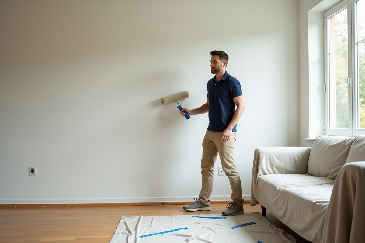 Jeune homme peint un mur dans un salon lumineux