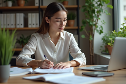Jeune femme professionnelle en bureau moderne en train d'organiser ses notes