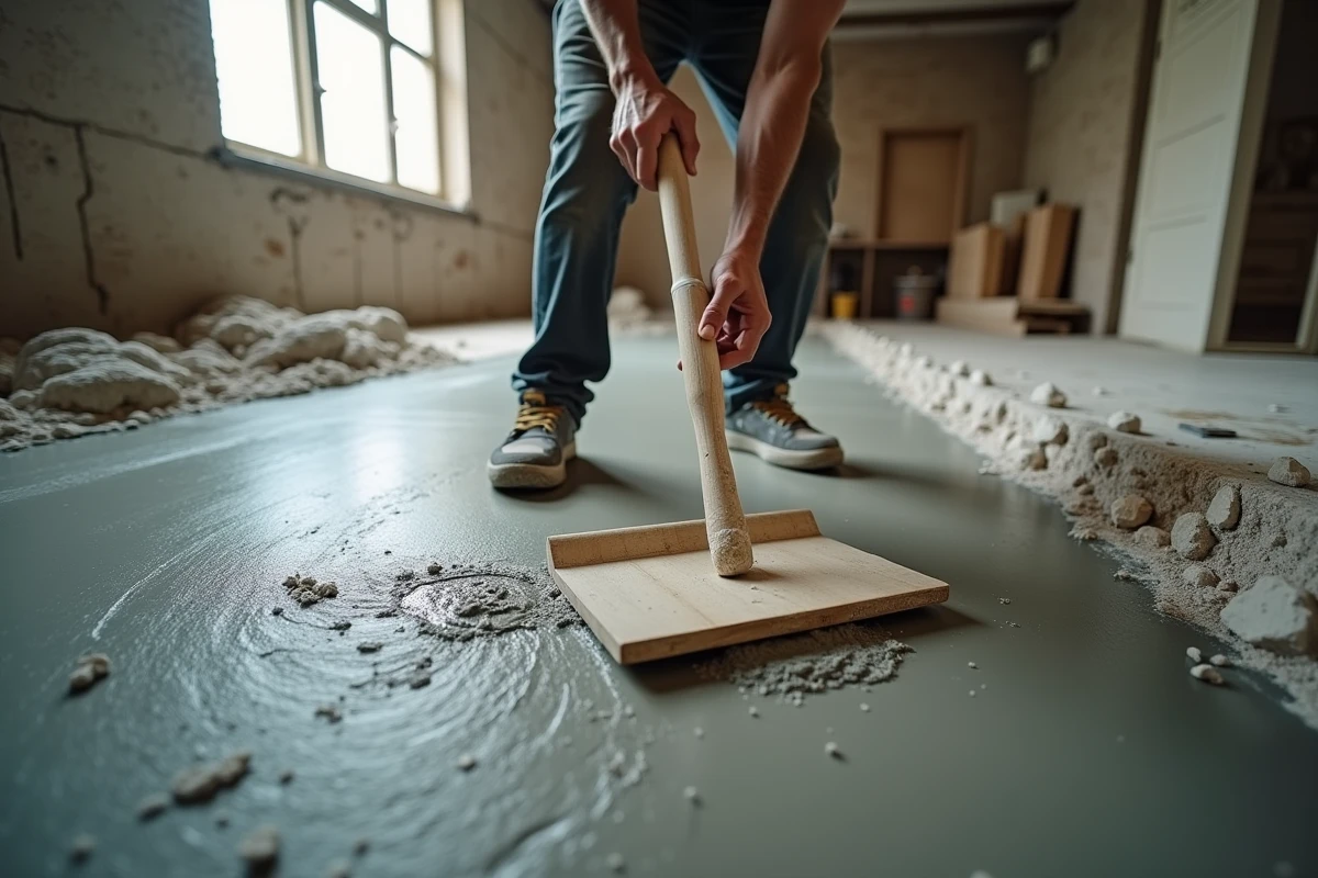Gros plan sur des mains d'artisan lissant une chape mortier fraîche avec une taloche en bois sur un sol de chantier en rénovation