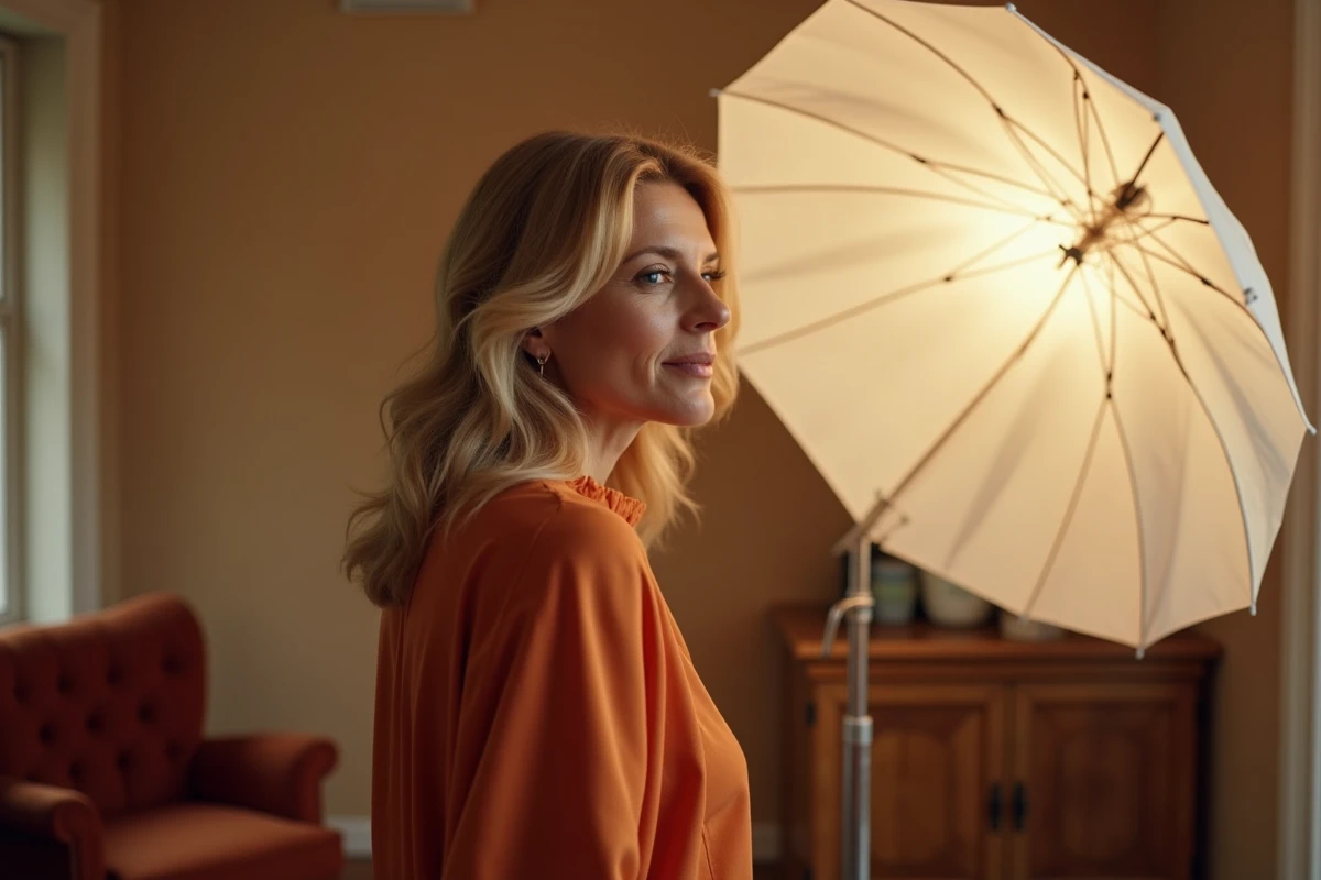 Portrait féminin en lumière blanche chaude avec parapluie photo dans un studio maison aux tons terracotta et beige