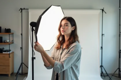Photographe en studio réglant un réflecteur blanc froid pour un portrait professionnel en lumière blanche naturelle