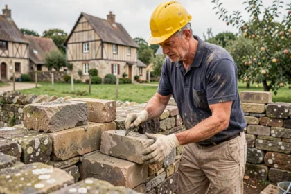 Maçon normand posant des pierres calcaires sur un mur en cours de construction dans un village rural de Normandie