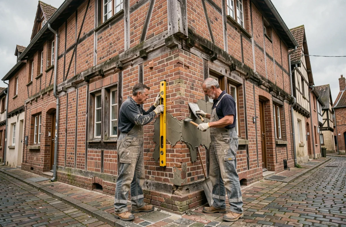 Deux maçons rénovant la façade à colombages d'une maison normande traditionnelle dans une rue pavée de Normandie