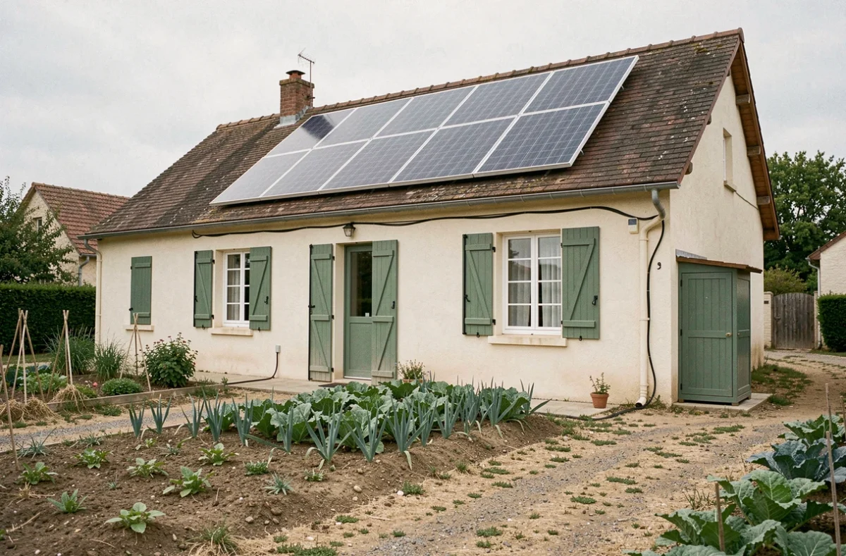 Maison rurale française équipée d'un kit photovoltaïque autonome avec panneaux solaires sur le toit