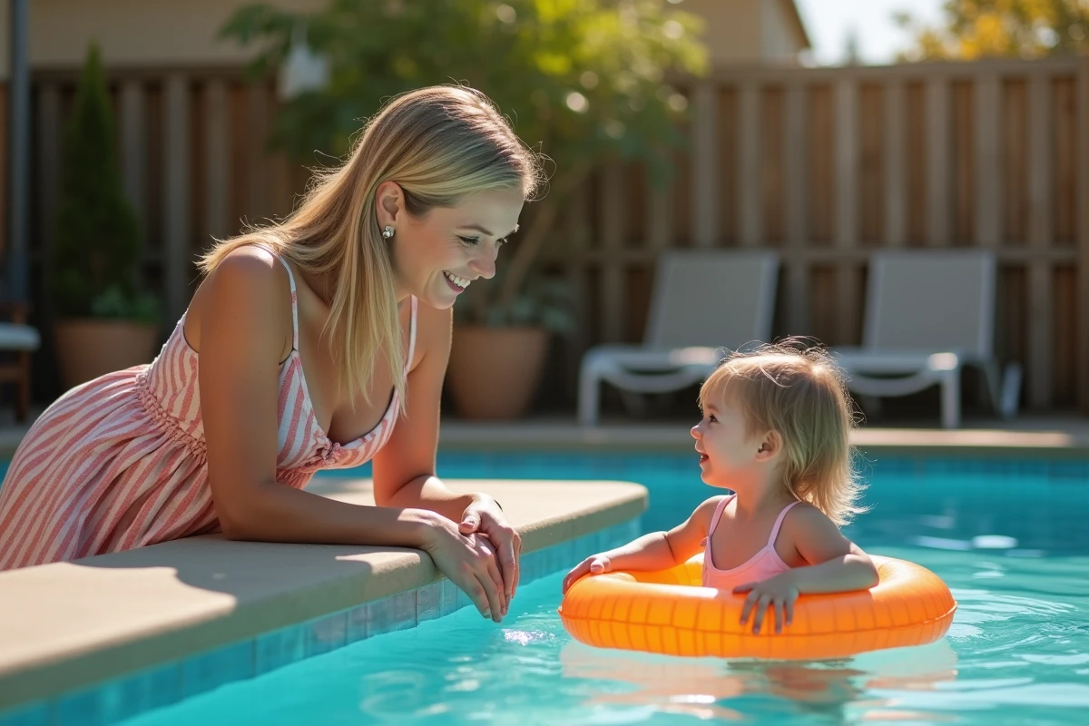 Maman souriante surveillant sa fille près de la piscine