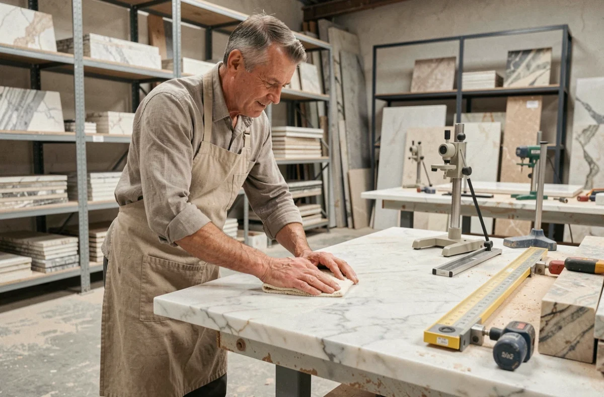 Artisan de la Marbrerie Franzi polissant un plan de travail en marbre dans son atelier de taille de pierre