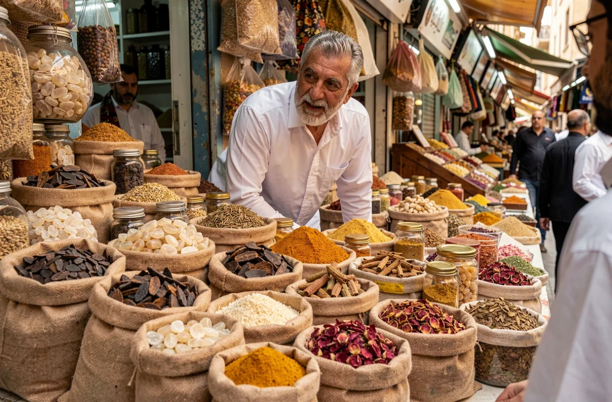 Étal de souk avec variétés d'encens arabes en vrac, oud, oliban et bakhour présentés par un vendeur traditionnel