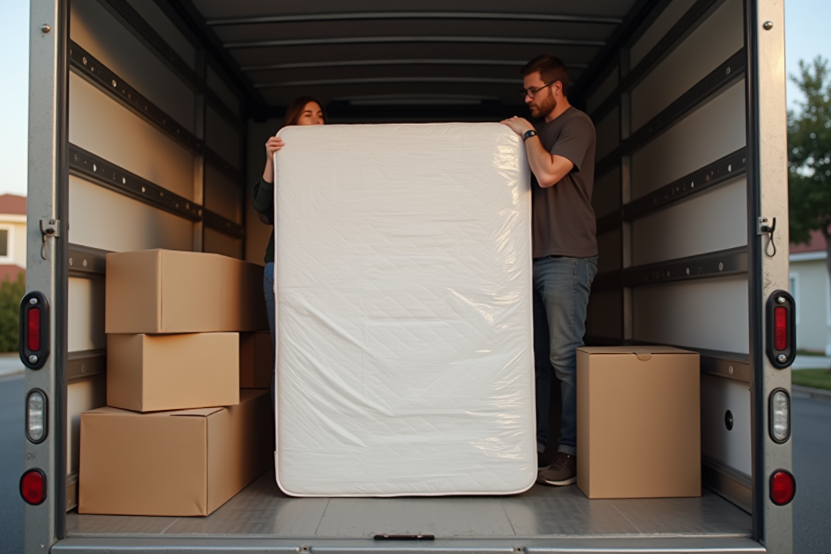 Matelas dans un camion de déménagement avec cartons