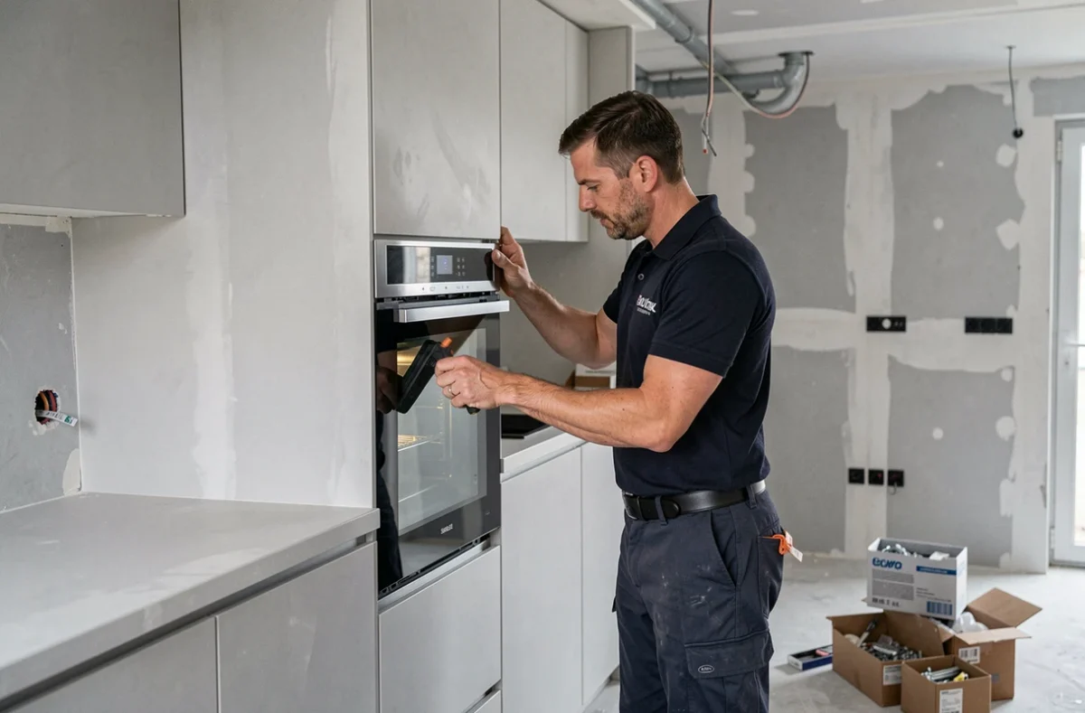 Poseur de M.B.M installant un four encastrable dans une cuisine en cours de rénovation dans un appartement du Doubs
